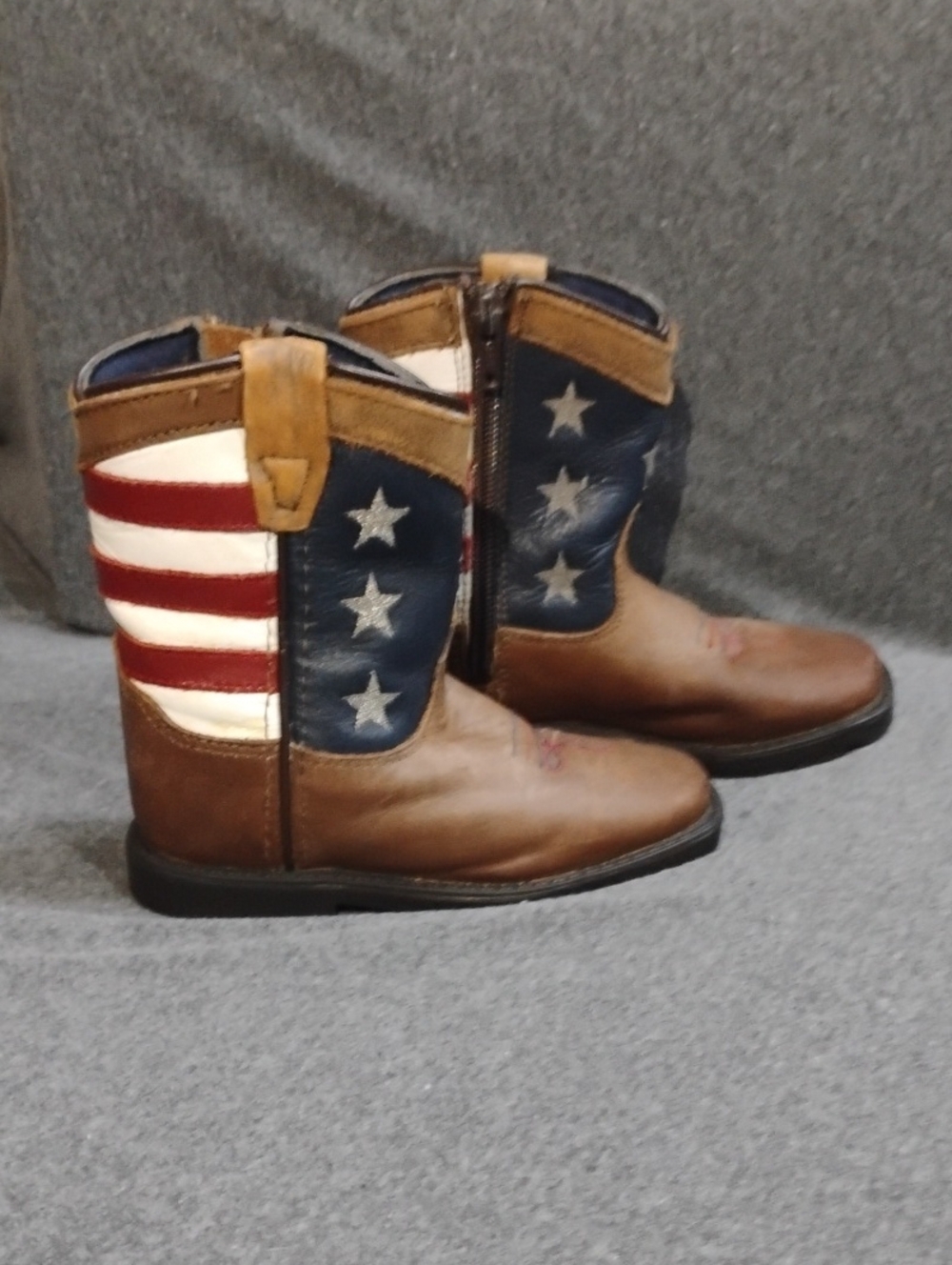 Kids Brown Leather Western Boots with American Flag Accent